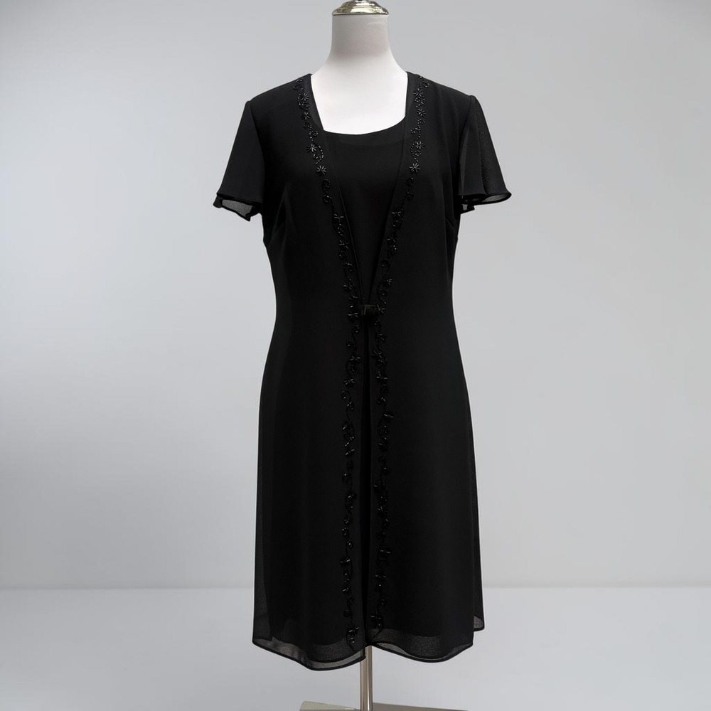 VTG 90s Elegant Mock Jacket Sheath Dress 10 Black Beaded Floral Midi Modest